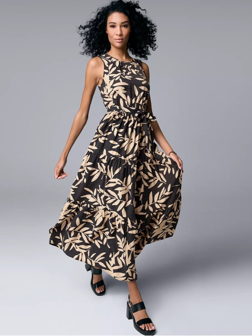 Simply Vera Vera Wang Black and Cream Leaf-Print Ruched Tiered Maxi Dress Sz 3X